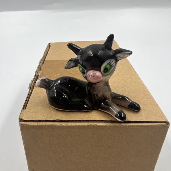 Vtg Porcelain Horned Calf 2.5" Figurine Black W Green Eyes Made Japan Kitsch - Picture 6 of 10